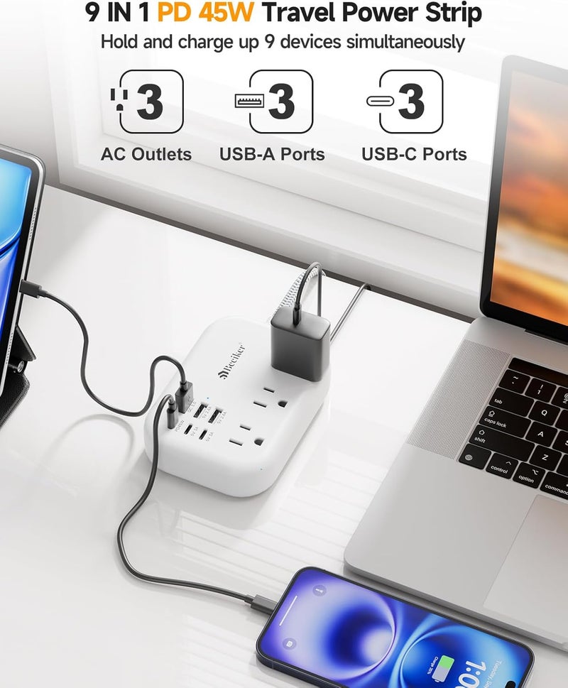 Beeiker PD45W USB C Travel Power Strip, Cruise Power Strip with 6 USB(3 USB C) Ports and 3 Outlets, 5Ft Flat Plug Braided Extension Cord, 45W Fast Charging Station for MacBook Laptops iPad Pro iPhone Samsung - Image 3